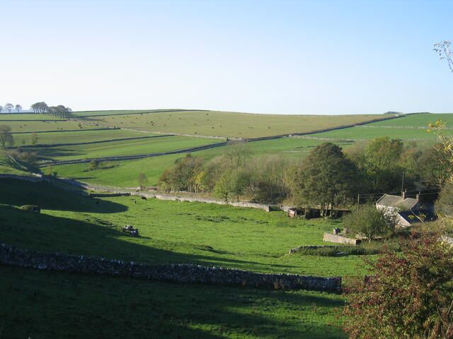 Rolling green hills, stone walls, and scattered trees.