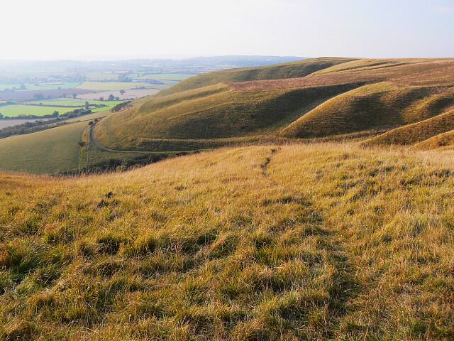 Rolling hills with a winding path in the distance.