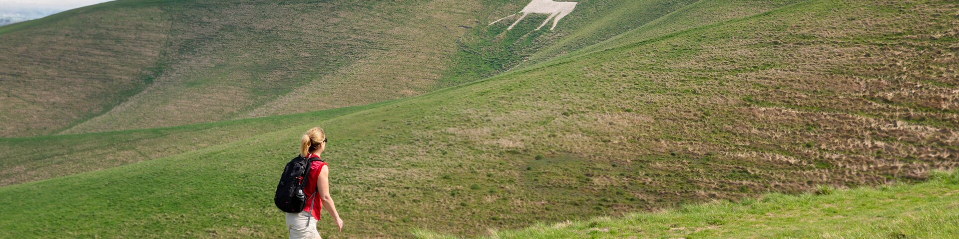 A hiker on a grassy hill with a deer statue in the distance.