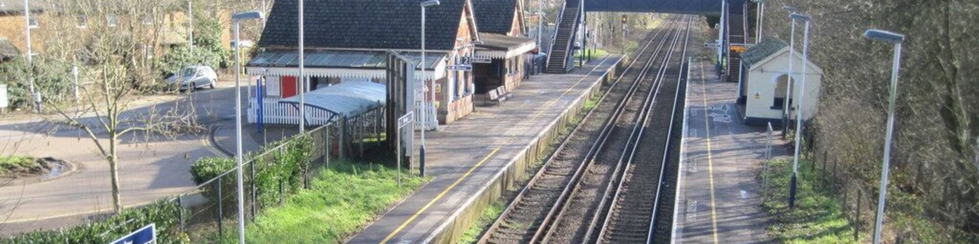Frimley railway station, Surrey. Opened in 1878 by the London & South Western Railway on the line from Ascot to Ash Vale. View south east towards Ash Vale and Aldershot.