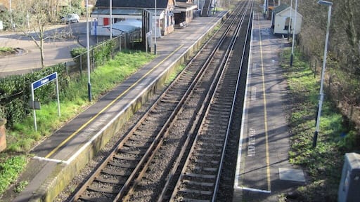 Frimley railway station, Surrey. Opened in 1878 by the London & South Western Railway on the line from Ascot to Ash Vale. View south east towards Ash Vale and Aldershot.