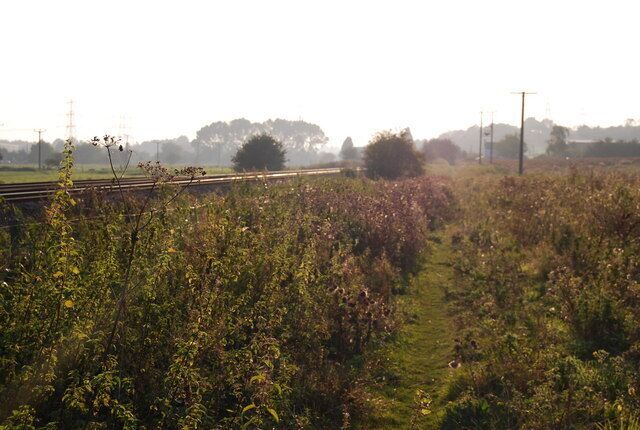 A rural landscape with a railway track, fields, and distant trees.