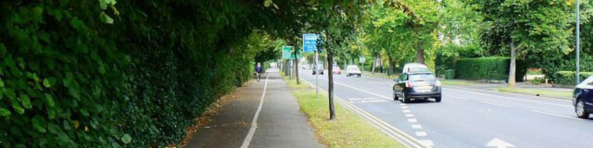 Lansdown Road to the east, Cheltenham The view is towards the town centre and shows the dedicated pedestrian, cycle and bus lanes.