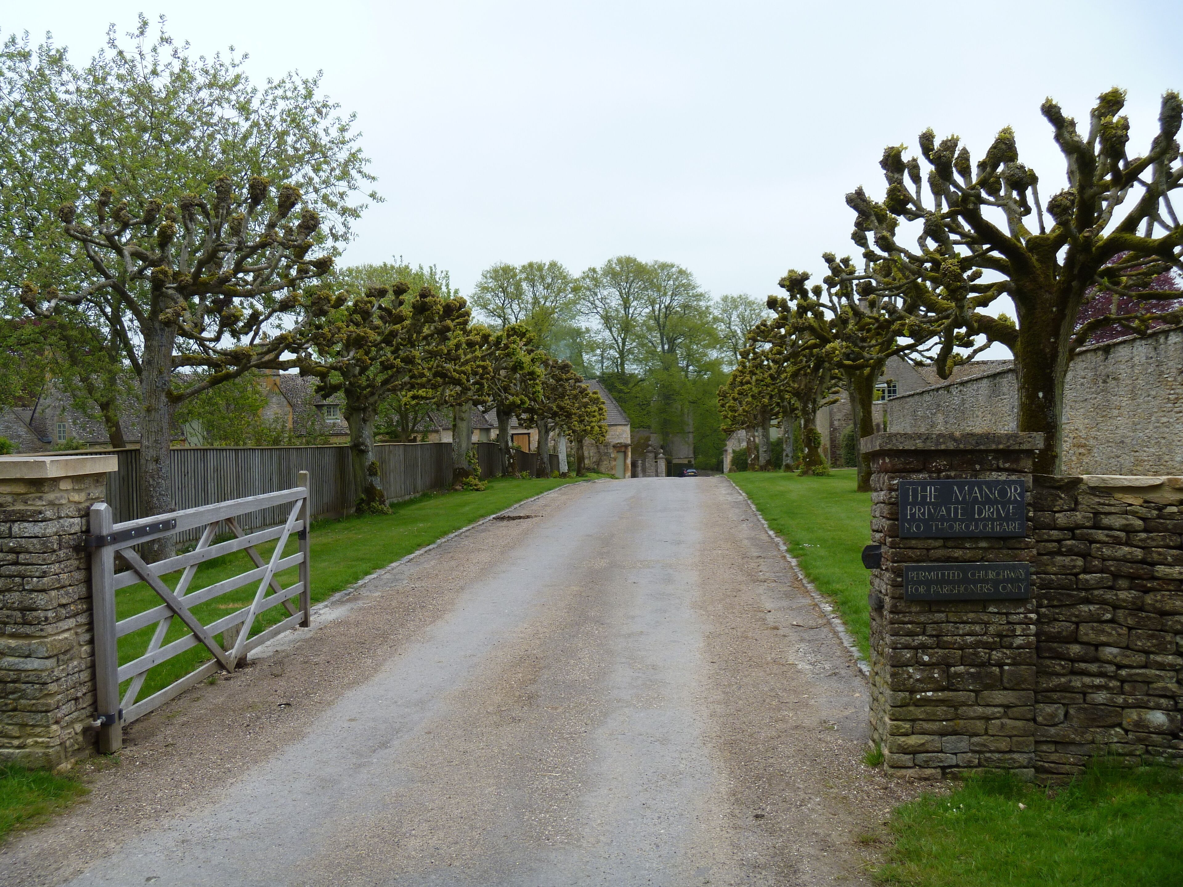 The driveway to Notgrove Manor. The Manor is in the Register of Historic Parks and Gardens for its special historic interest.