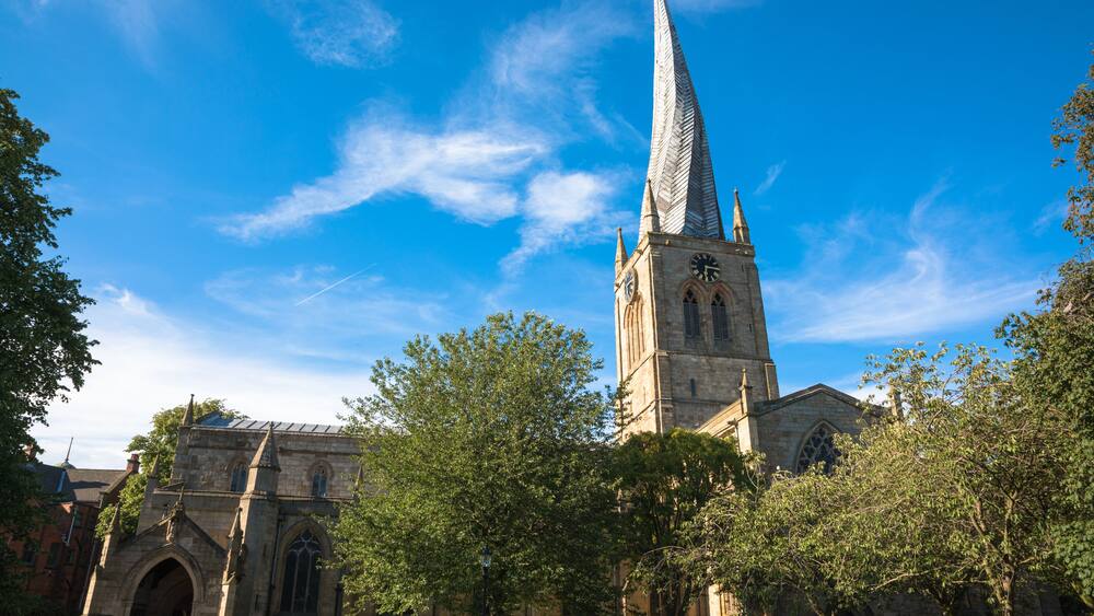 The twisted spire of the Church of St Mary and All Saints, Chesterfield, Derbyshire, UK, Shutterstock ID 686648797, SF SSA Case with Manager Approval: Case 07151371, Job: Prepay credit, Client/License