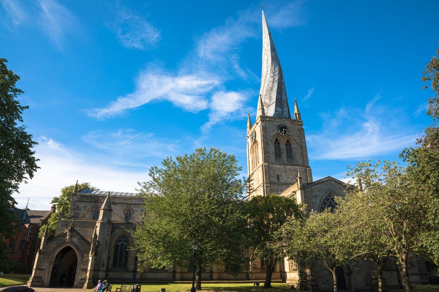 The twisted spire of the Church of St Mary and All Saints, Chesterfield, Derbyshire, UK, Shutterstock ID 686648797, SF SSA Case with Manager Approval: Case 07151371, Job: Prepay credit, Client/License