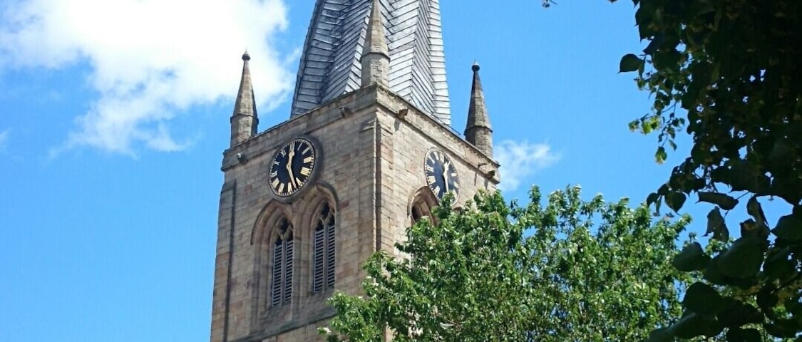 I lived just a few miles from here until I was 20, and never actually took any notice of this lovely spire. It was built from wood, which has warped over the years giving it its lovely "crooked" appearance.