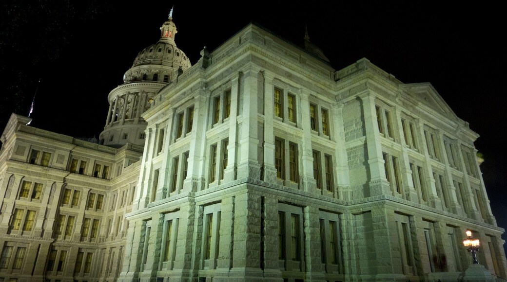 Taken late at night with a long exposure. Shows the different colors of the lighting around the building