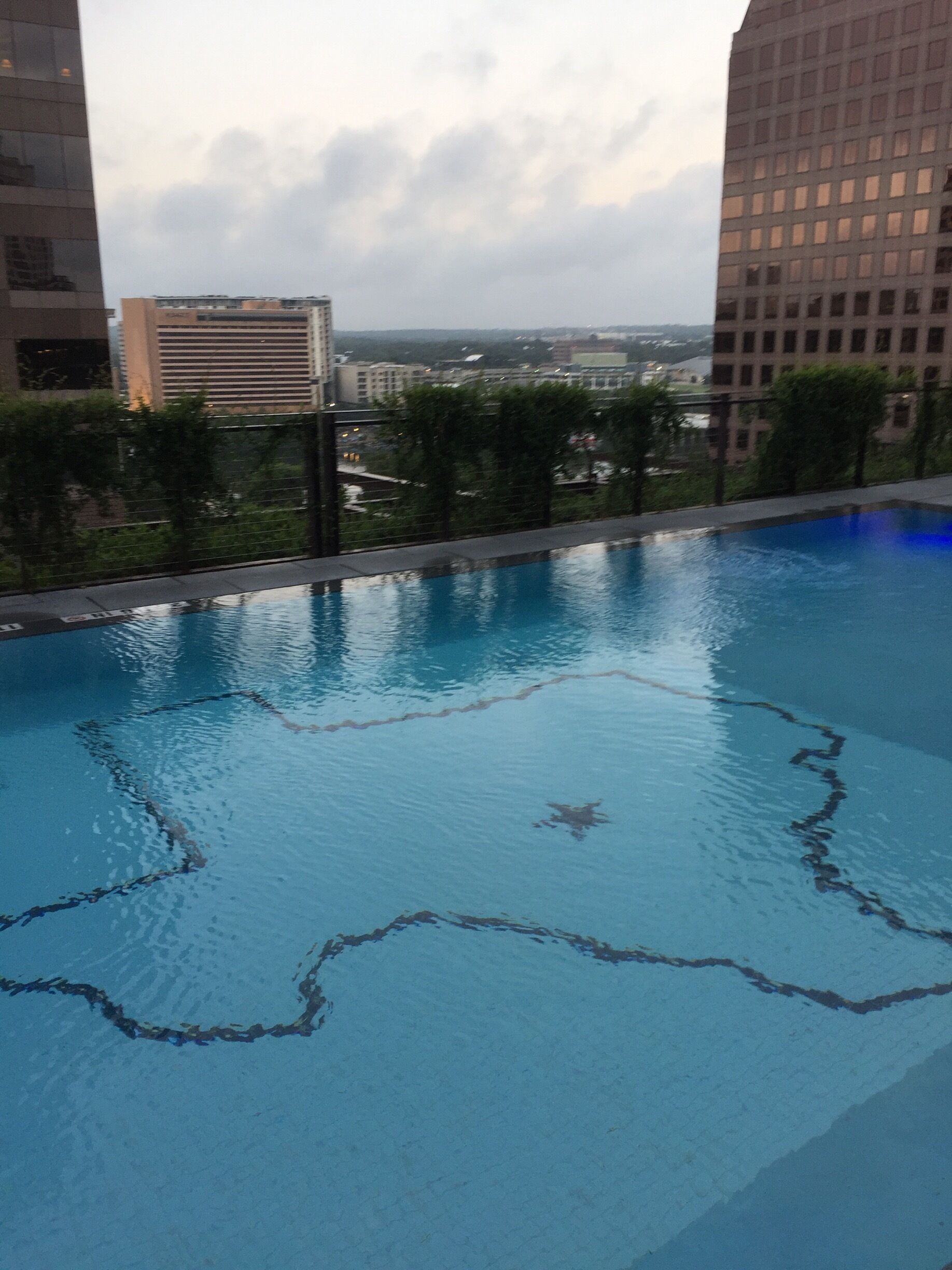 A rooftop pool with a view of city buildings and a cloudy sky.