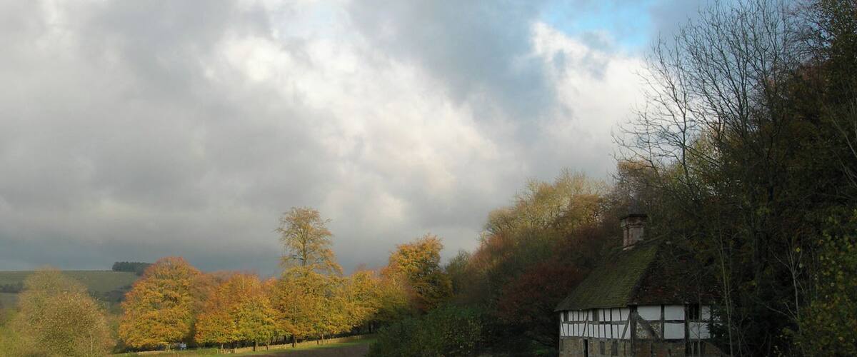 A rural landscape with a traditional half-timbered house, a dirt path, and autumn-colored trees.
