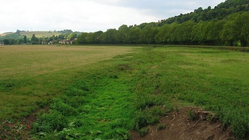 River Lavant, Charlton. Looking at the dried up bed of the river as it heads towards Singleton which can be seen in the background.