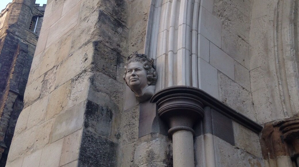 Great bust of the queens head on the entrance to cathedral.