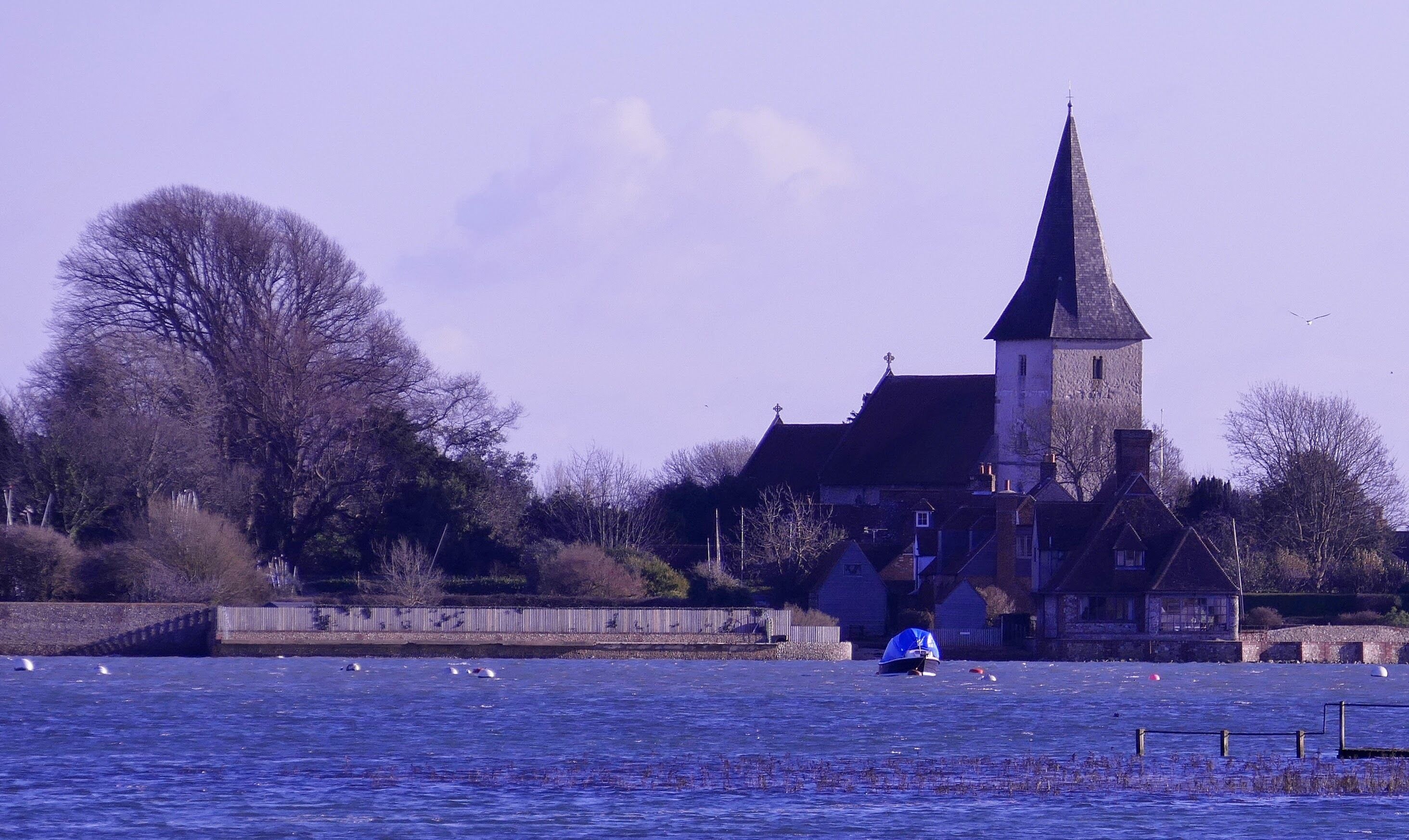 A church with a tall steeple, a body of water, and several birds.