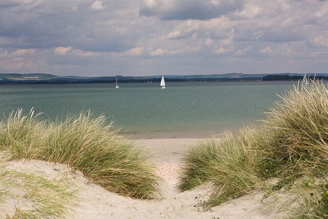 A beach with sand dunes and a calm lake with sailboats.