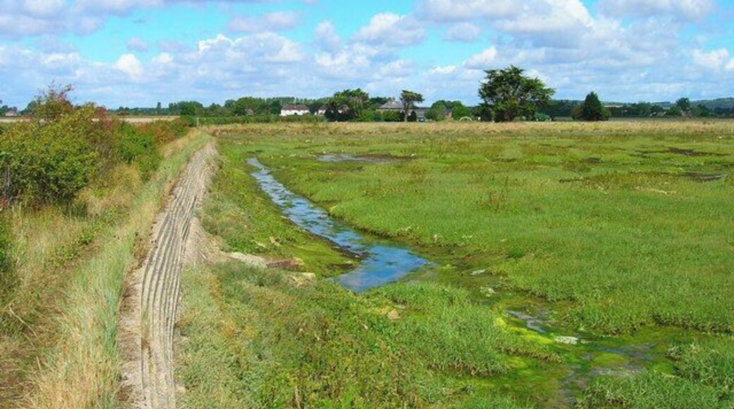 Embankment, Chidham Creek. Sea wall built to prevent floods. The creek heads under the road to the pond the other side.