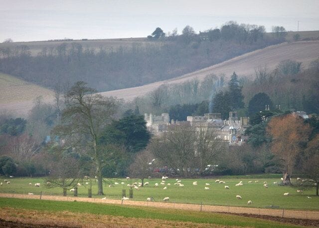 A rural landscape with a large estate, sheep grazing, and rolling hills in the background.