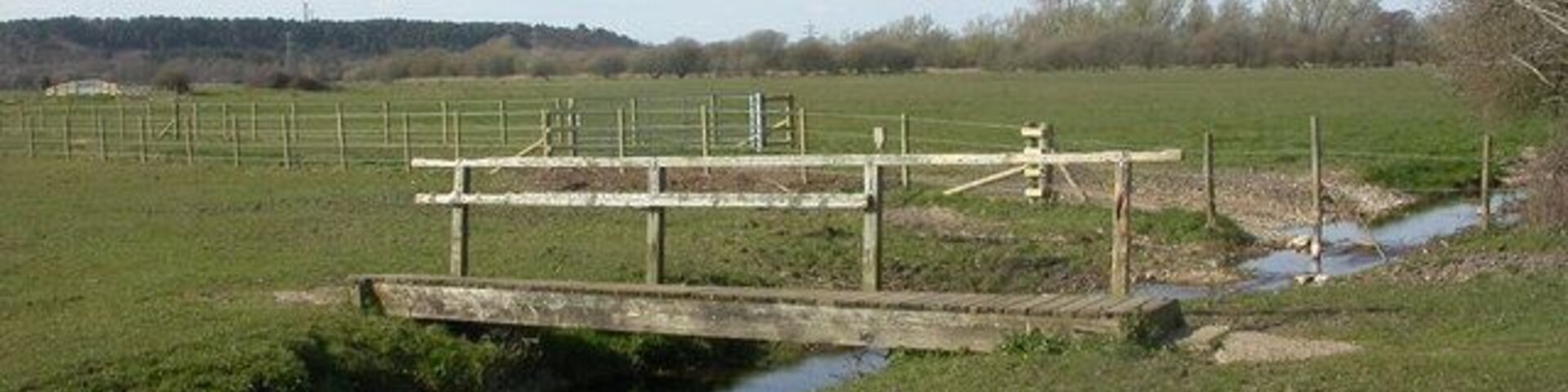Un puente de madera sobre un arroyo en un entorno rural.