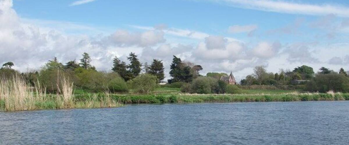 A calm lake with a grassy bank, trees, and a distant building.