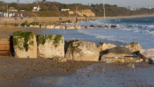Christchurch: groynes and beacons, Friars Cliff A line of red beacons along the beach at Friars Cliff.