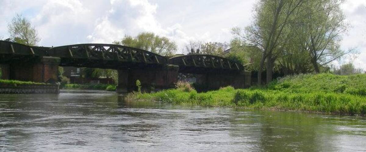 A river with a bridge, greenery, and a tree.