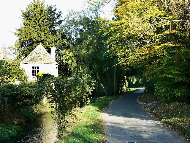 A narrow road flanked by lush greenery and a white house with a peaked roof.