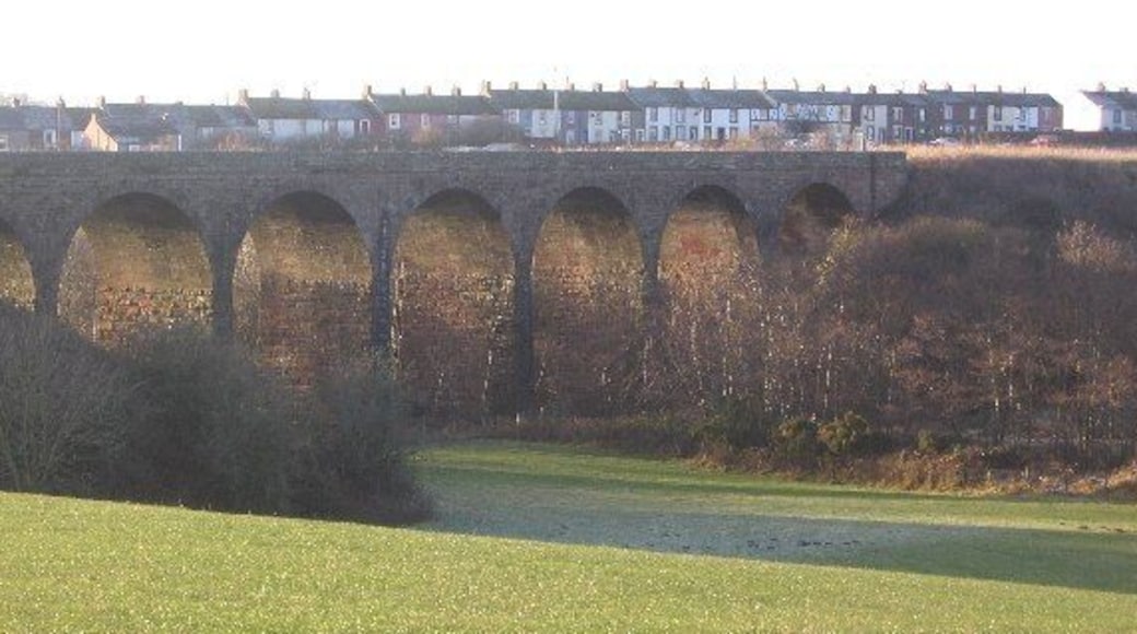 Keekle Viaduct. The view over the nicely kept farmland on this eastern side is in complete contrast to the undergrowth on the other side. The row of houses behind is Keekle.