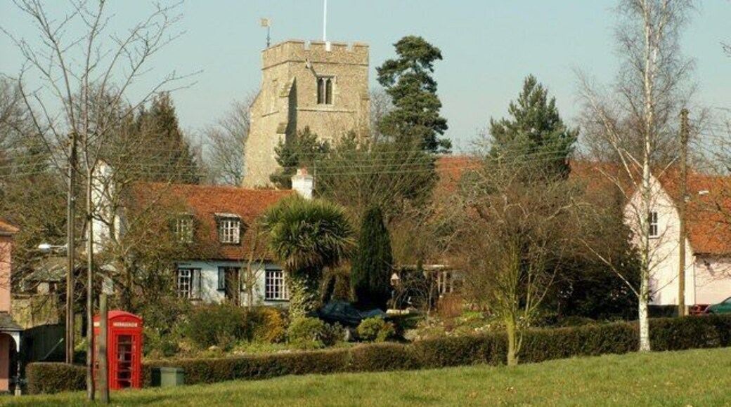 Feering, Essex. The fine 15th century tower of All Saints church stands proud above its charming village.