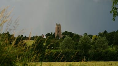 A church tower amidst a field with trees and a cloudy sky.