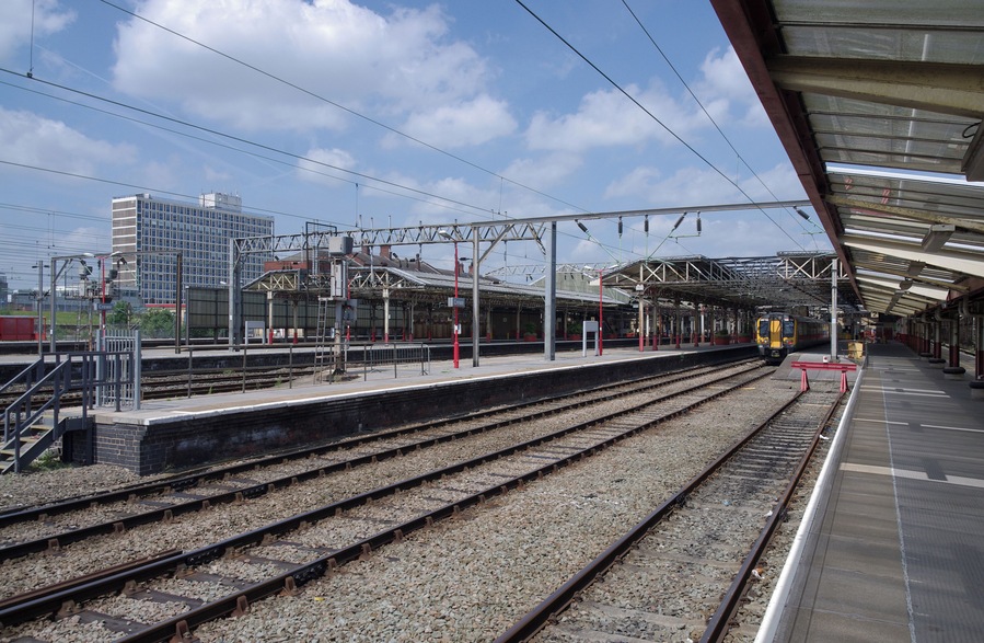 The south end of Crewe railway station. London Midland class 350 "Desiro" EMU 350112 is visible, ready to operate a service for London.