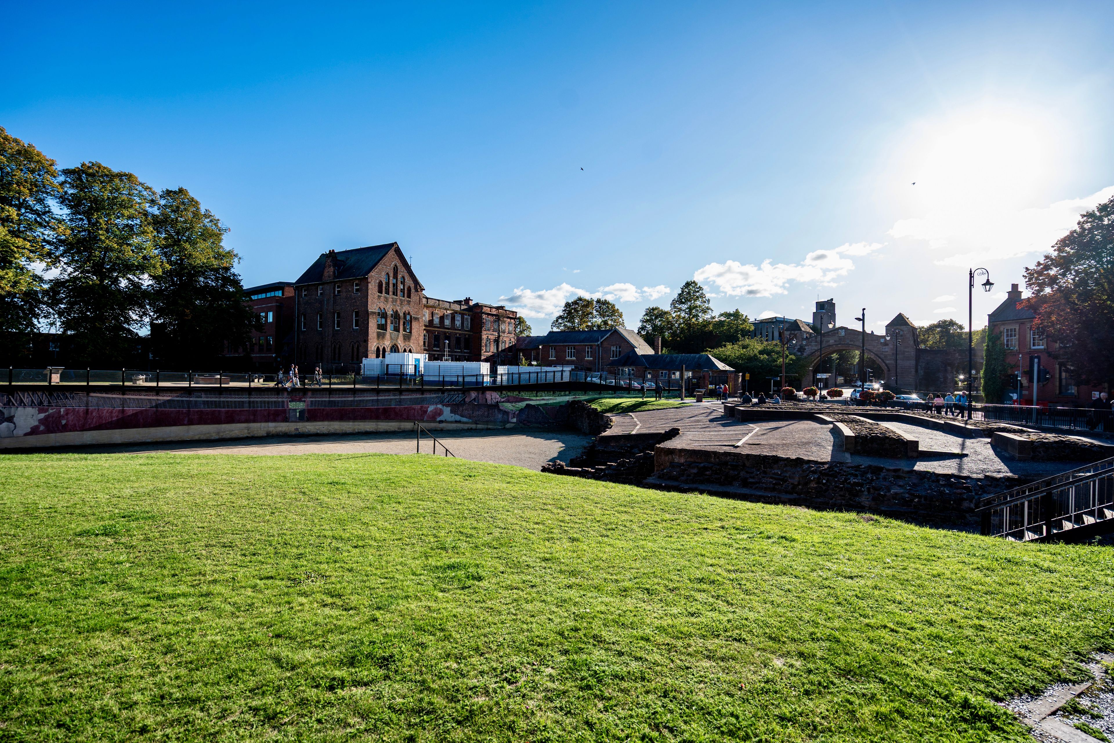 Chester, England, United Kingdom - September 21, 2025
- Downtown Chester in the Cheshire region of England as seen from the area near the city walls and the Roman Ruins.  The area features Roman Ruins