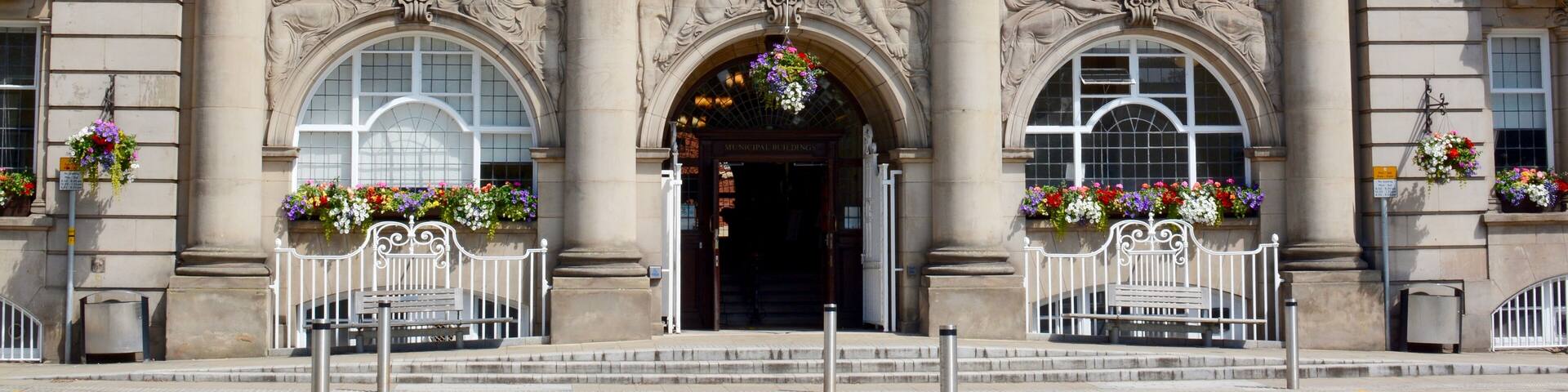 Crewe town hall / municipal building and war memorial, Crewe, Cheshire, UK