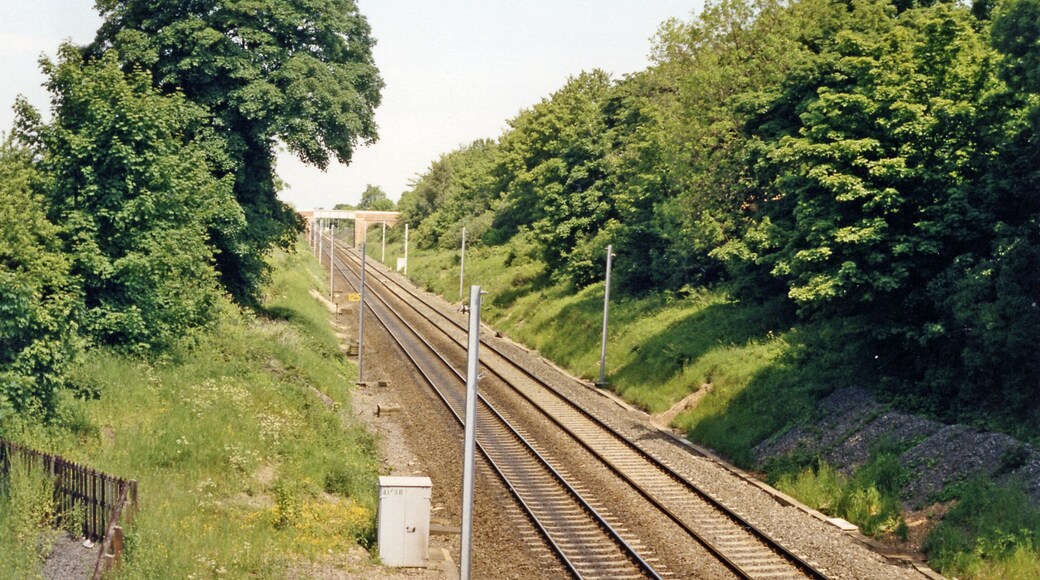Site of Croft Spa station, East Coast Main Line, 1988. View northward, towards Darlington etc.: ex-NER Doncaster - York - Newcastle -Berwick section of the ECML. They are just starting the electrification, which was completed by the end of the year. Croft Spa station had been closed from 3/3/69 and there is no sign of it here.