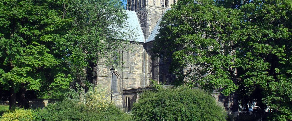 Een historische kerk met een hoge spits, omringd door weelderige begroeiing en een rustig waterlichaam.