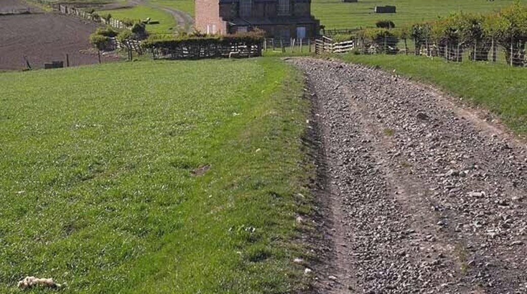 Bridleway to Low Hail Farm Low Hall Farm is situated on the inside of a huge meander on the River Tees. The farm cottage at the foot of the hill is unoccupied with windows boarded up.