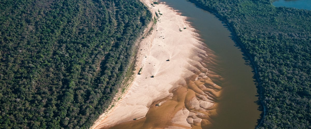 An aerial view of a river winding through a forested area with sandy banks.