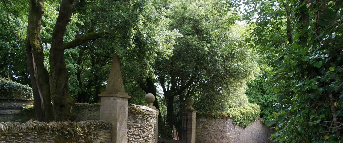 A narrow road flanked by stone walls and lush greenery.