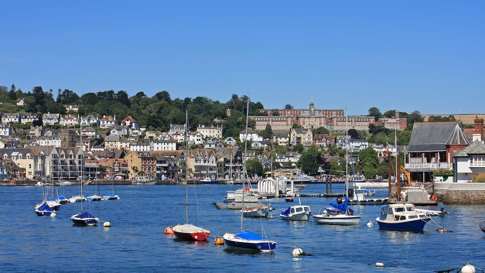 A harbor with various boats and a town in the background.