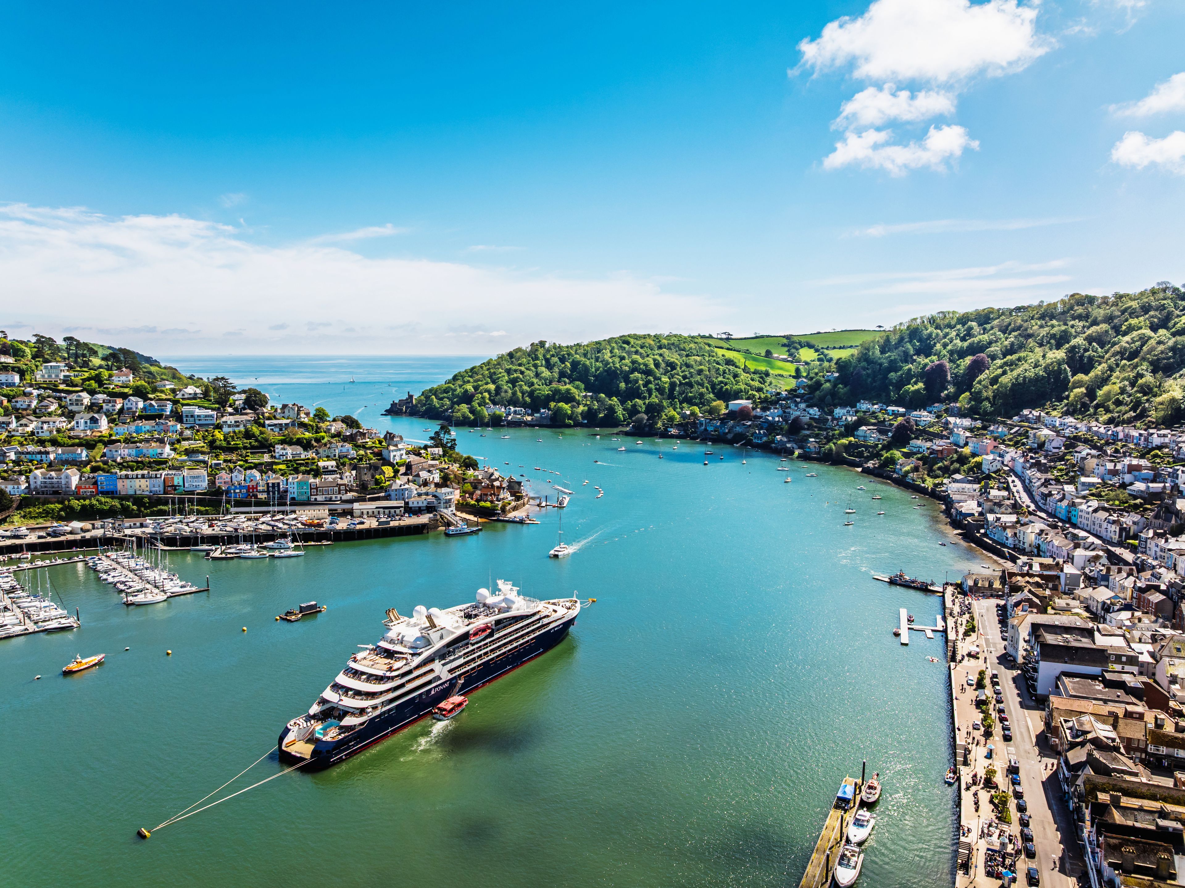 Le Bellot cruising ship on River Dart from a drone, Ponant Explorers, Dartmouth and Kingswear, River Dart, Devon, England