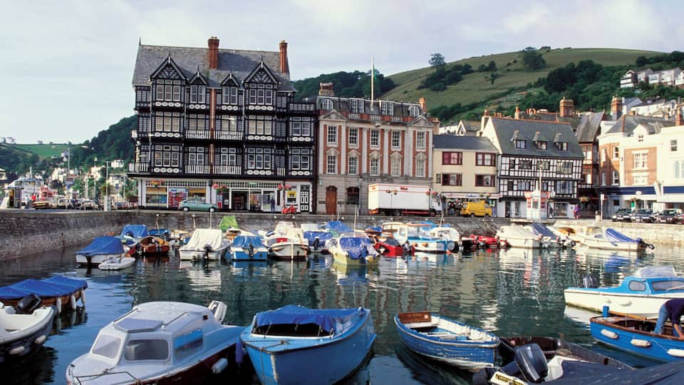 A harbor with boats docked, a large building, and a hill in the background.