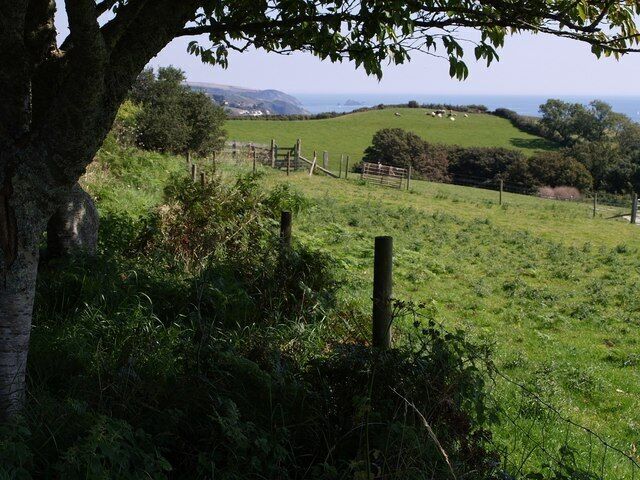 South West Coast Path near Strete. Having left the A379 as shown in 535225, the new path offers a glimpse of the coast ahead as it makes it way along the edge of a field beside the main road.