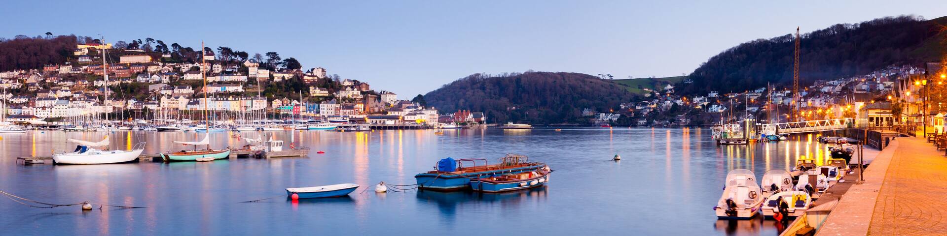 A harbor with boats, a waterfront promenade, and a hillside settlement.
