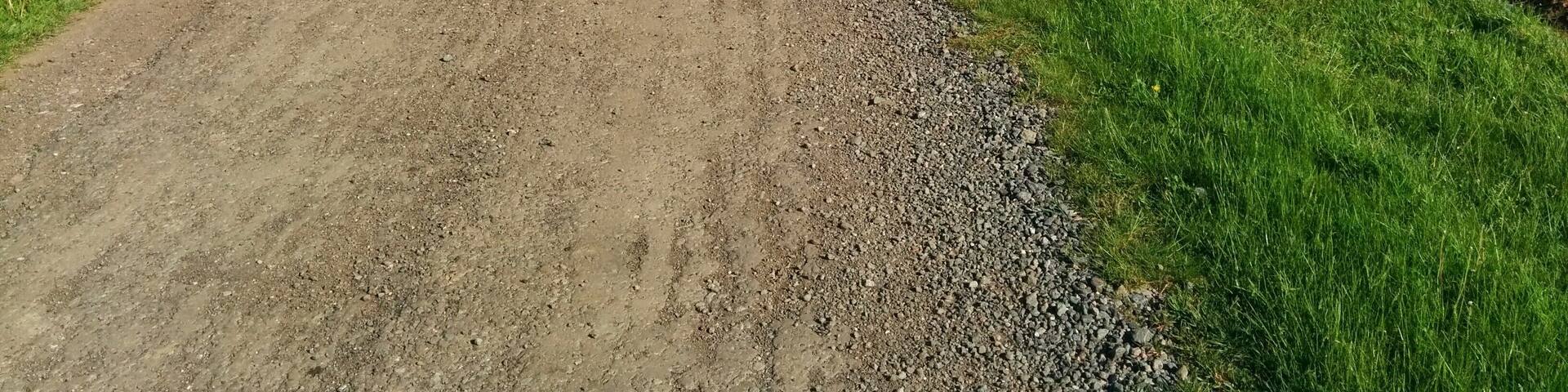 A rural dirt road curving through green fields with trees and hills in the background.