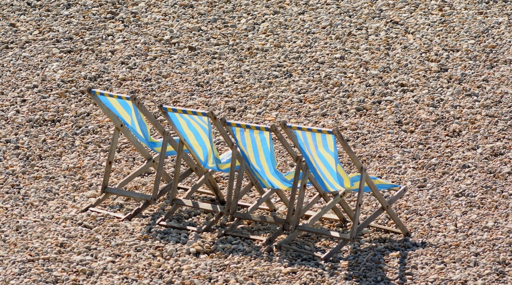 Beach chairs on the pebbles on the Jurassic Coast in Devon