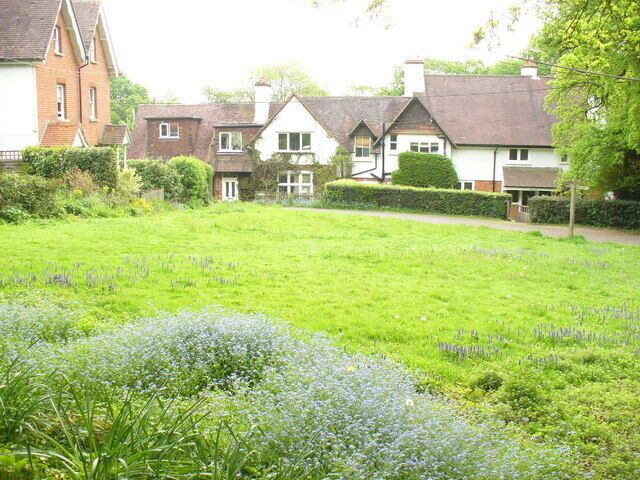 South Holmwood Cottages facing a green. These are at the end of a lane and separated from the village proper by the busy A24 dual carriageway. Bluebells are flowering in the foreground.