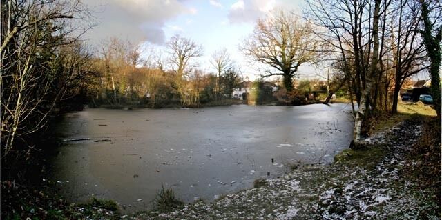 A frozen body of water surrounded by leafless trees and a grassy bank.