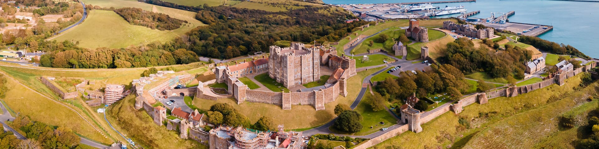 Aerial view of the Dover Castle. The most iconic of all English fortresses. English castle on top of the hill.