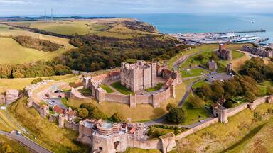 Aerial view of the Dover Castle. The most iconic of all English fortresses. English castle on top of the hill.