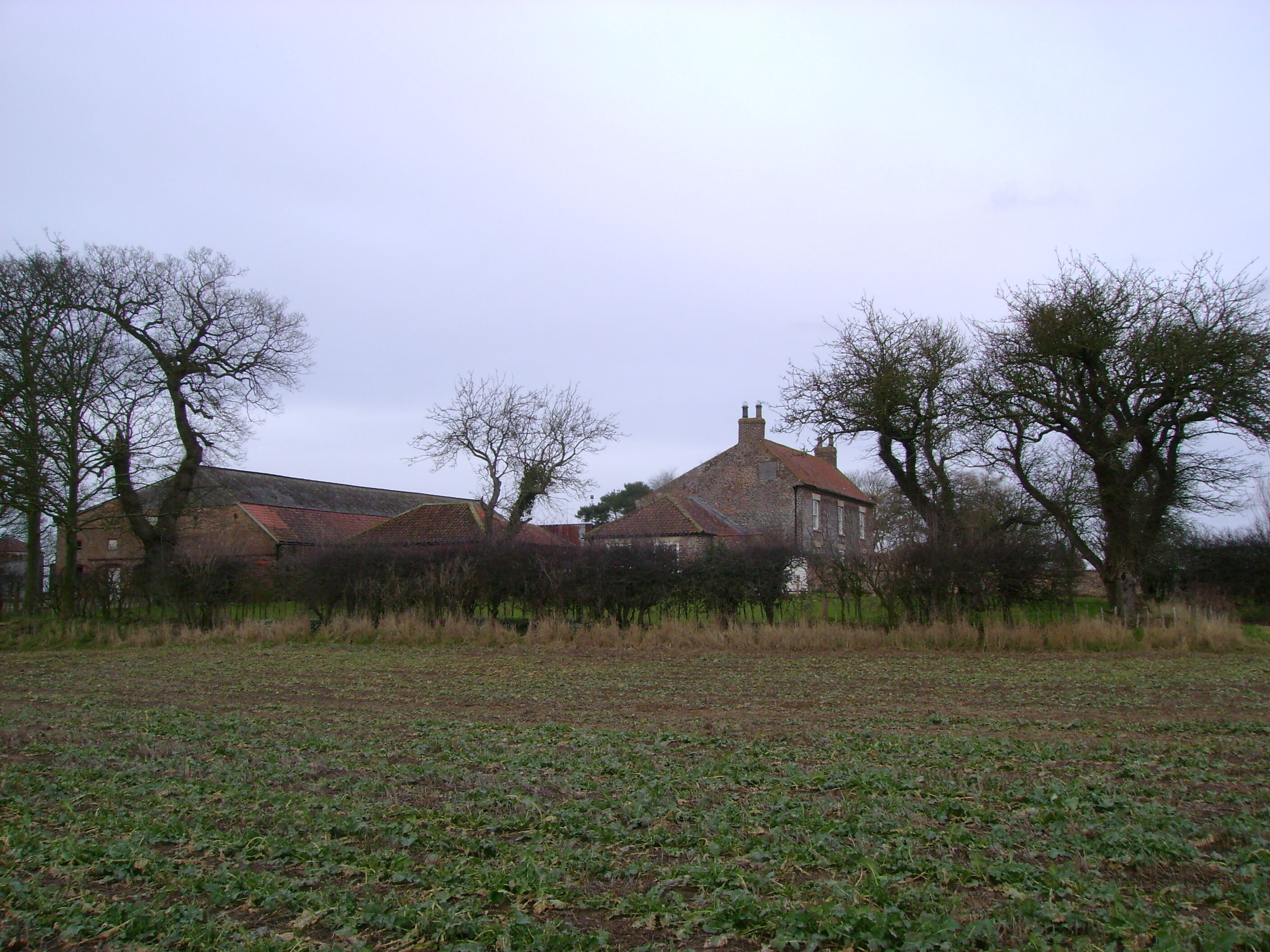 A rural landscape with a large stone house, surrounded by fields and leafless trees.