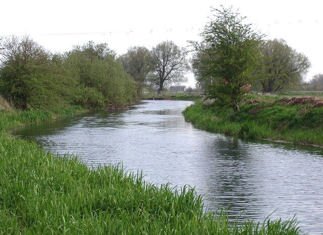 A narrow waterway flanked by lush greenery and trees.