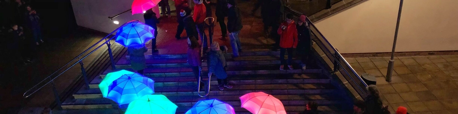 Durham Lumiere is a fantastic event that takes place every two years. This is a light installation of coloured umbrellas at the Gala Theatre. Free entry to Lumiere after 7:30!